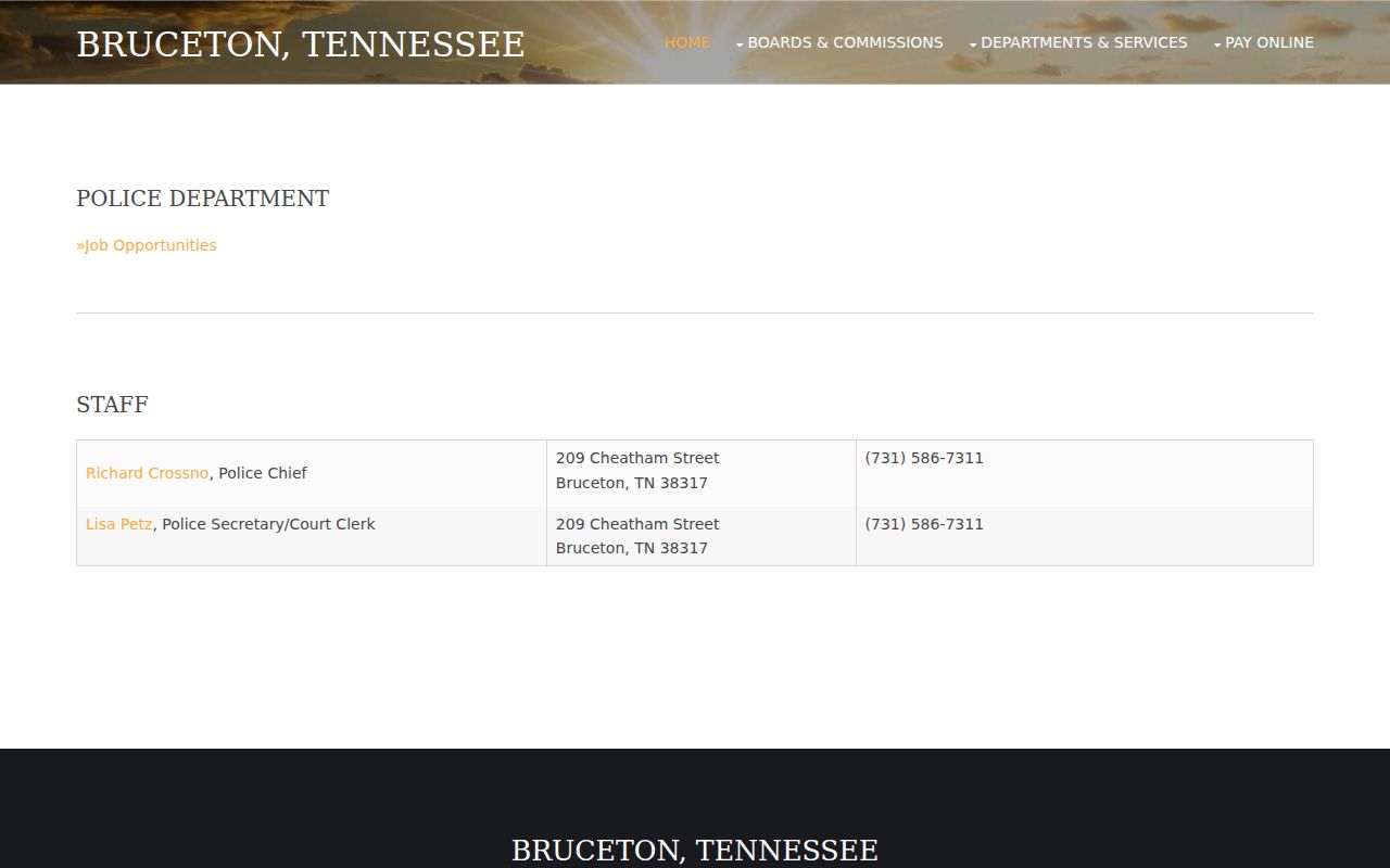Carroll County Bruceton police and court-clerk contact for municipal warrant questions