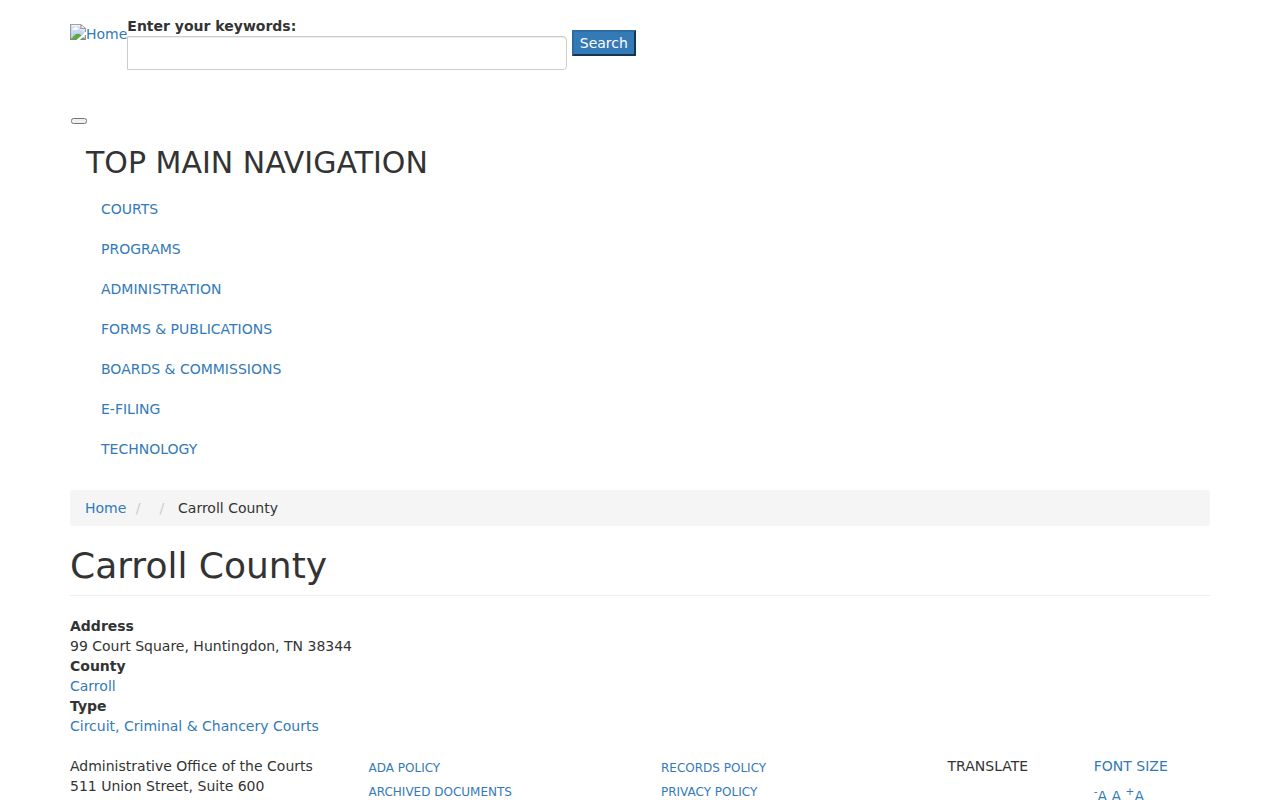 Carroll County warrant records court address in the Tennessee courts directory