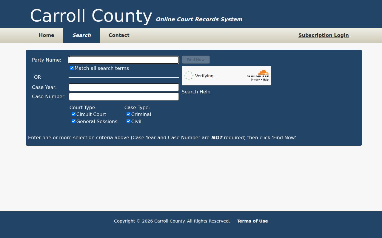 Carroll County warrant case search fields in the official TNCRT portal